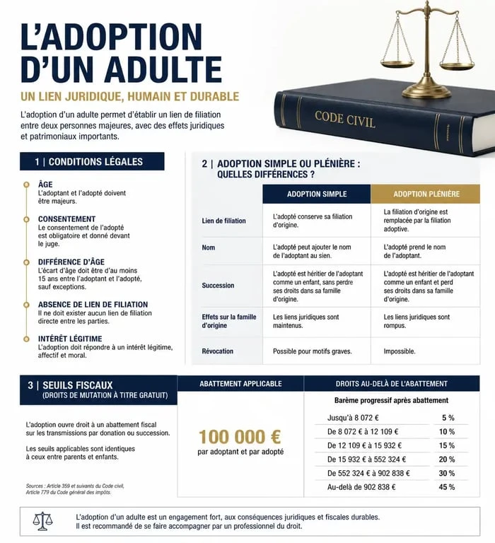 Infographie sur les conditions et conséquences fiscales de l'adoption d'un adulte pour l'héritage