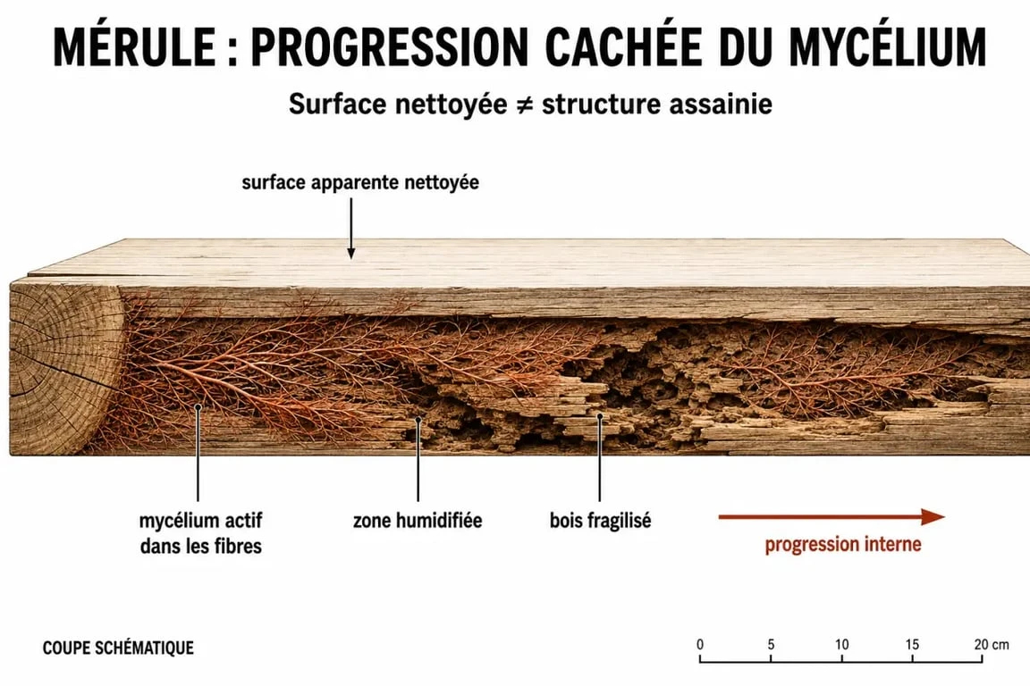 Schéma explicatif de la mérule et du développement du mycélium dans le bois