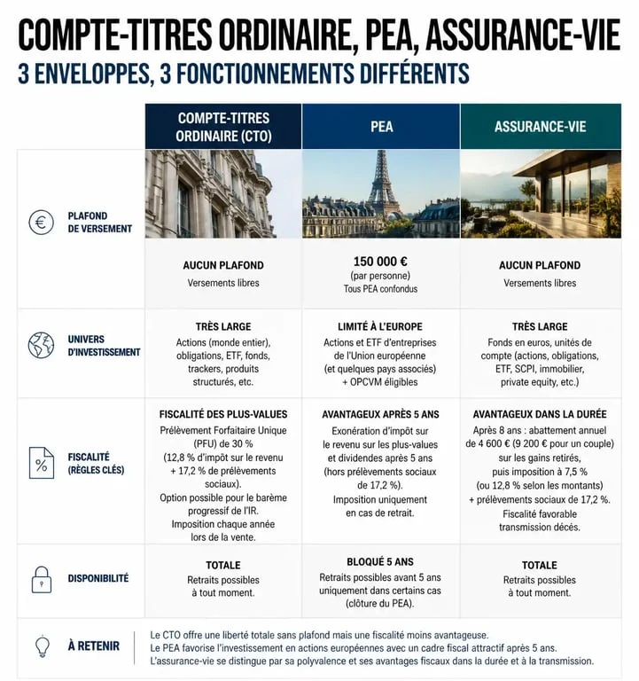 Infographie comparative des avantages et inconvénients du compte-titres ordinaire, PEA et assurance-vie pour l'investissement.