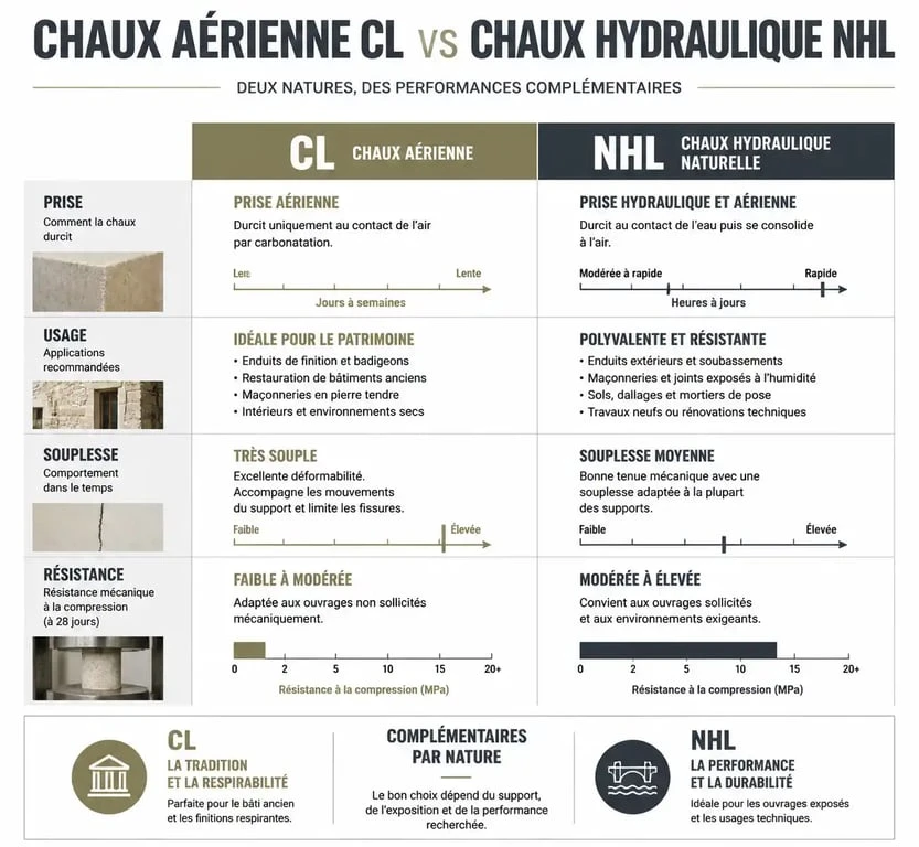 Infographie comparative entre la chaux aérienne et la chaux hydraulique pour enduit à la chaux aérienne