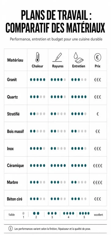 Tableau comparatif des matériaux de plan de travail de cuisine : résistance, entretien et prix