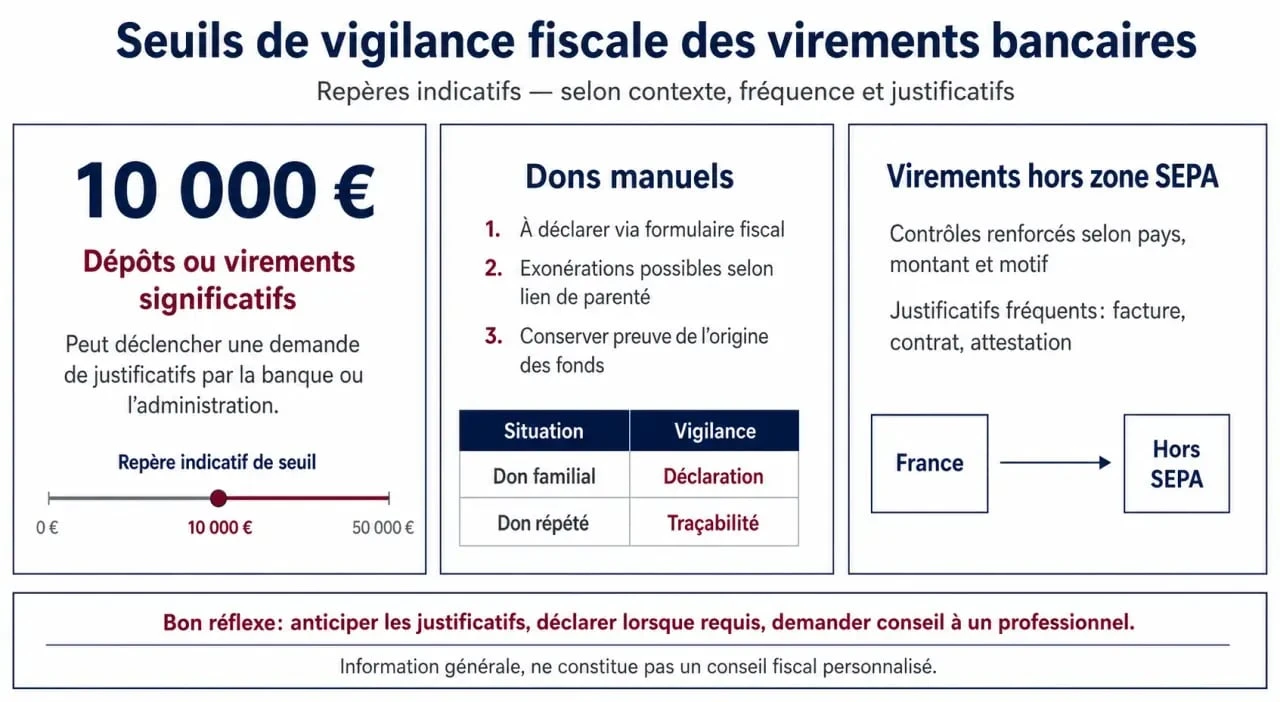 Infographie des seuils de vigilance fiscale pour les virements bancaires et le contrôle fiscal