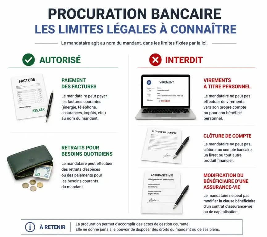 Infographie des droits et limites d'une procuration bancaire sur les comptes de ma mère