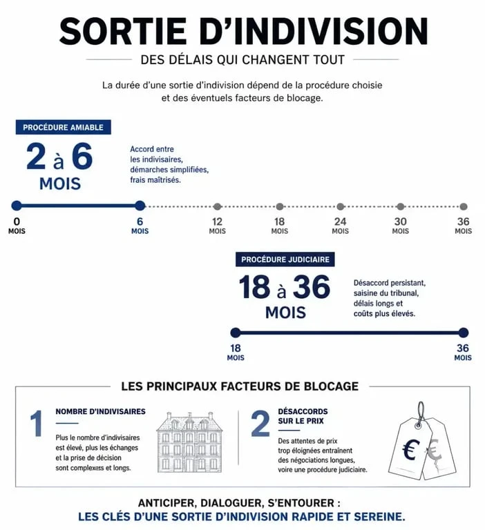 Infographie comparant les délais de sortie d'indivision amiable et judiciaire