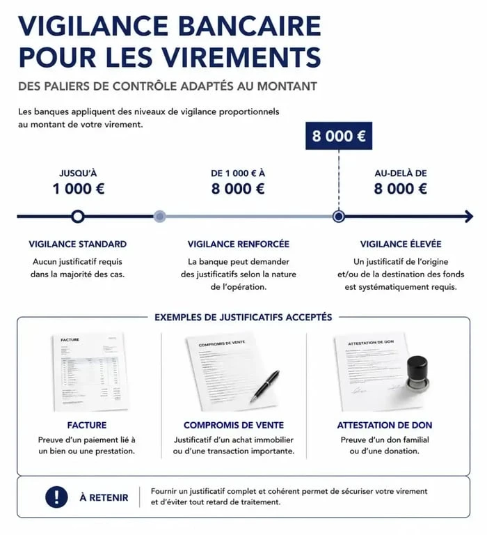 Infographie des seuils de virement bancaire et justificatifs requis pour éviter le blocage des fonds