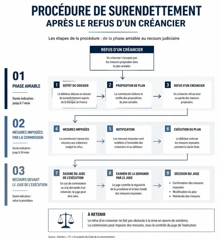 Schéma des étapes de la procédure de surendettement lorsqu'un créancier refuse le plan de surendettement