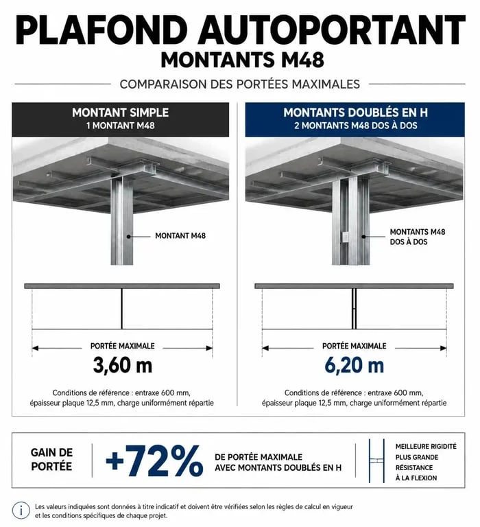 Tableau comparatif des portées maximales pour plafond autoportant avec montants M48 simples ou doublés