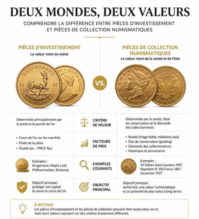 Comparaison entre pièces d'investissement et pièces de collection pour la vente à Paris