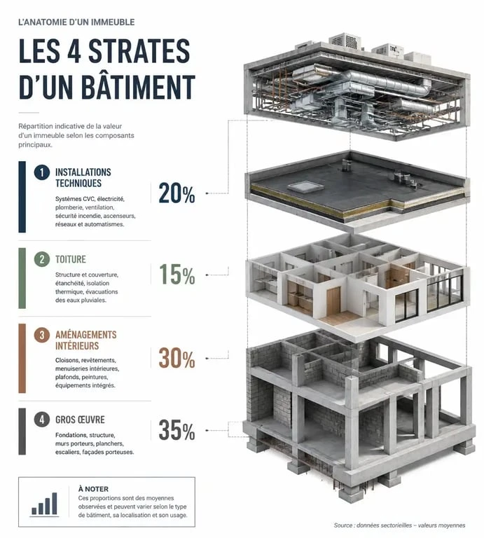 Infographie illustrant la méthode de décomposition d'un immeuble par composants pour l'amortissement comptable
