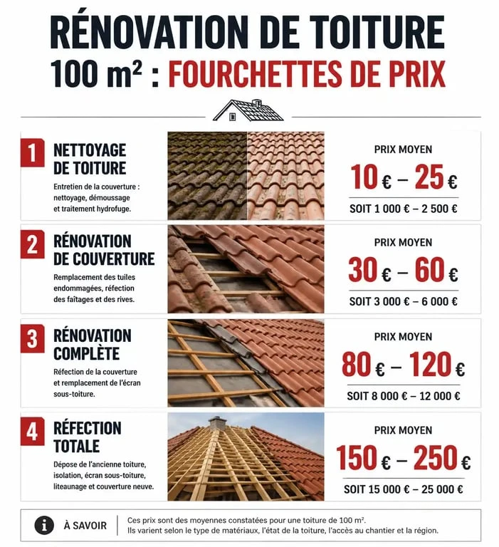 Infographie des prix d'une toiture de 100m2 selon le type de travaux