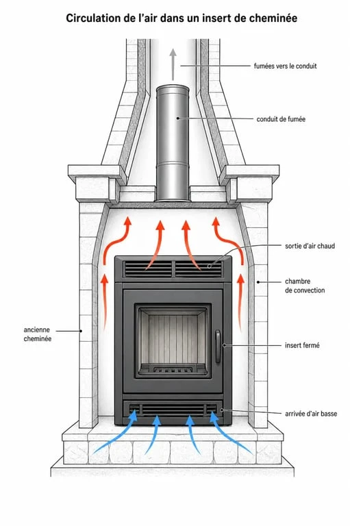 Schéma technique du fonctionnement de la convection naturelle pour un habillage d'insert dans une cheminée ancienne
