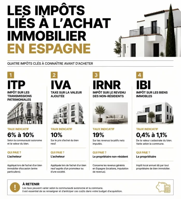 Infographie des taxes et impôts pour investir en immobilier en Espagne