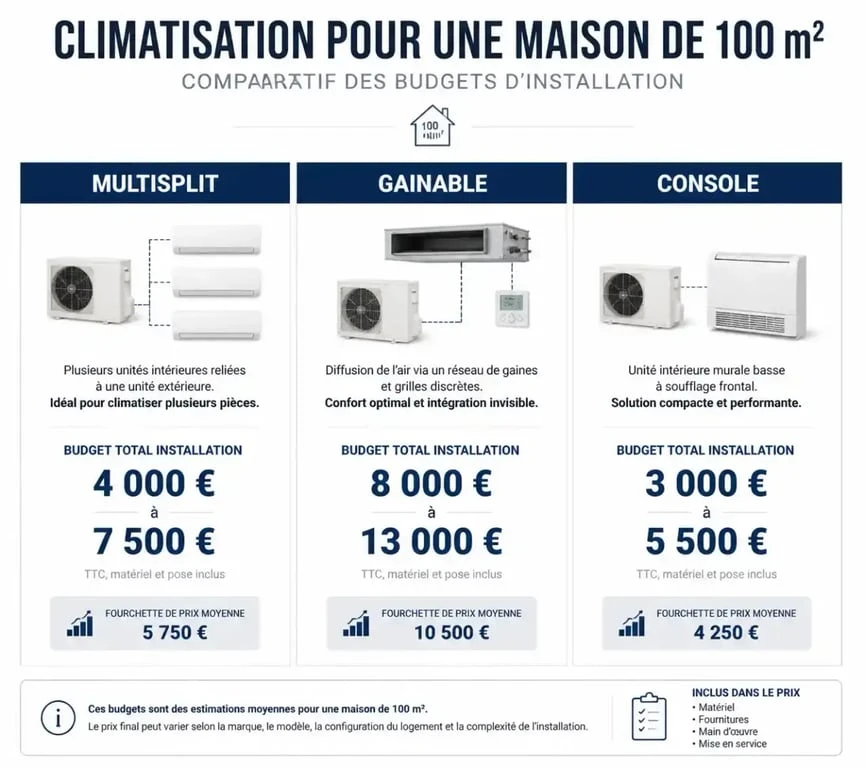 Comparatif des prix d'installation d'une climatisation pour une maison de 100m2 selon le système choisi