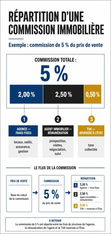 Répartition d'une commission d'agent immobilier : part agence, part agent et TVA
