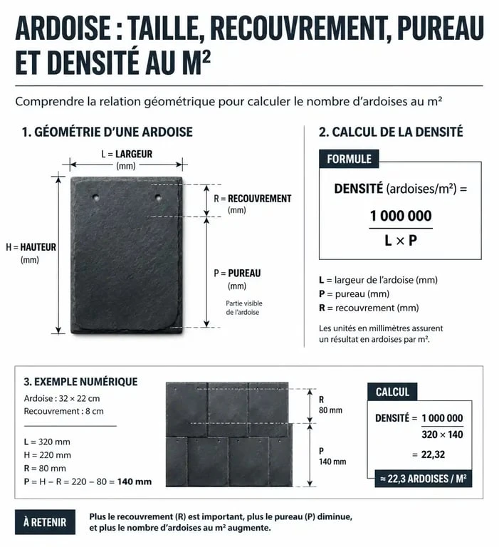 Schéma explicatif du calcul de l'ardoise au m2 : pureau et recouvrement
