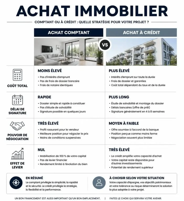 Comparatif achat immobilier comptant vs achat à crédit : avantages et inconvénients pour votre projet d'achat comptant.