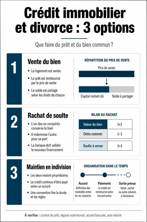 Infographie des options de crédit immobilier en cas de divorce et crédit immobilier en cours