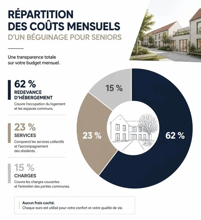 Répartition des coûts mensuels en béguinage pour seniors : loyer, services et charges