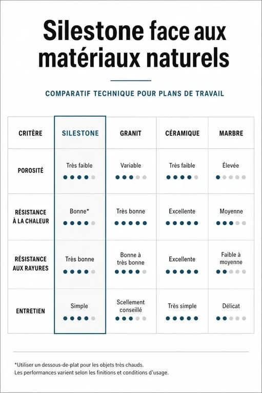 Tableau comparatif des caractéristiques techniques du plan de travail Silestone par rapport aux autres matériaux de cuisine