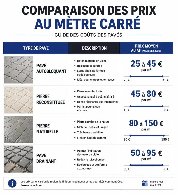 Comparatif des prix au m2 pour la pose de pavés selon le matériau