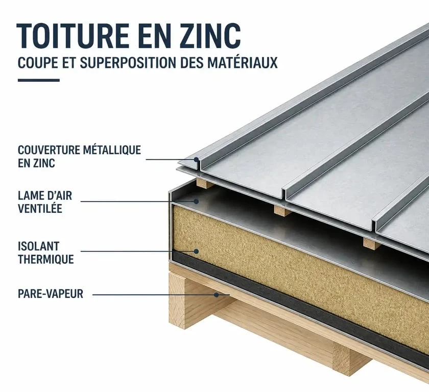 Schéma technique en coupe d'une toiture en zinc avec isolation thermique et lame d'air ventilée
