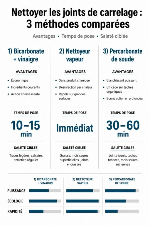 Infographie comparative des méthodes pour nettoyer joint de carrelage sol sans frotter