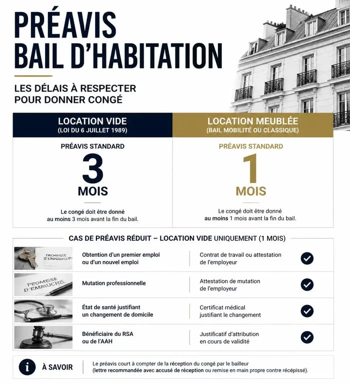 Tableau récapitulatif des délais de préavis pour un bail d'habitation : location vide vs meublée