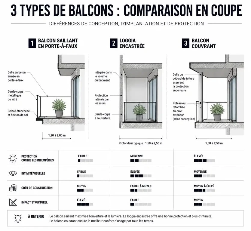 Schéma comparatif illustrant la différence entre un balcon saillant, une loggia et un balcon couvrant en architecture.