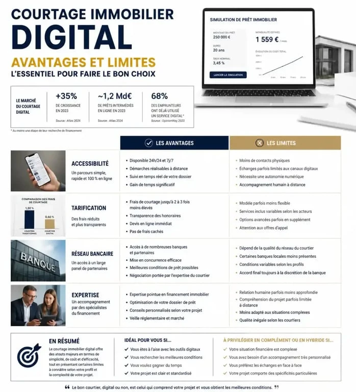 Infographie comparative des avantages et limites du service de courtage immobilier Pretto avis