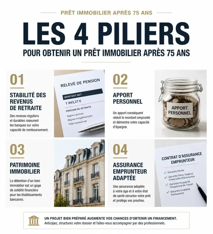 Infographie des critères d'octroi pour un prêt immobilier senior jusqu'à 85 ans