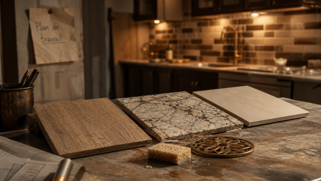 Tableau comparatif plan de travail cuisine : stratifié, granit, céramique