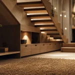 Aménagement sous escalier ouvert : rangement en bois clair sous l’escalier