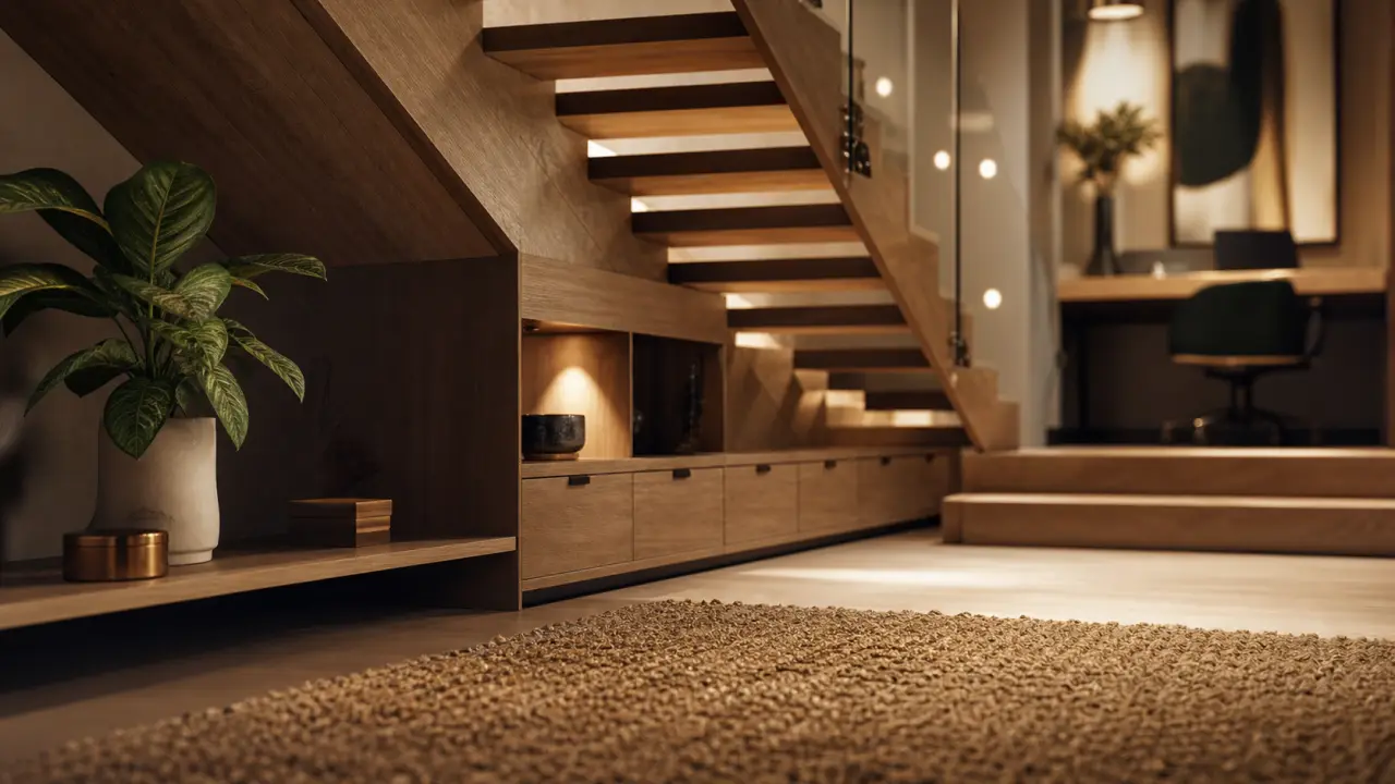 Aménagement sous escalier ouvert : rangement en bois clair sous l’escalier