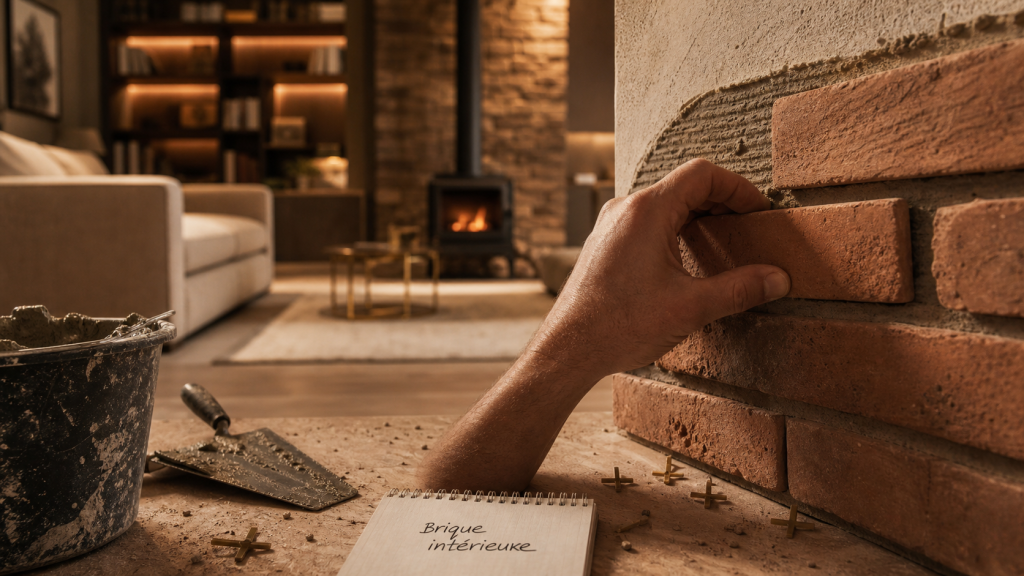 Brique pour mur intérieur : pose de plaquettes terre cuite et joints visibles