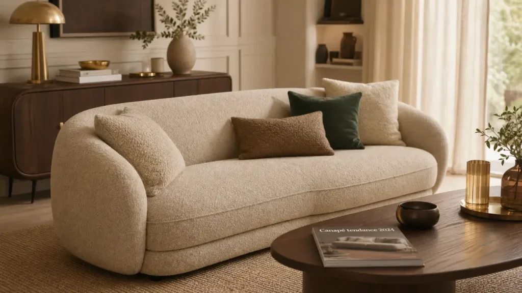 Canapé tendance 2024 : arrondis seventies, bouclé et modularité pour un salon plus confortable