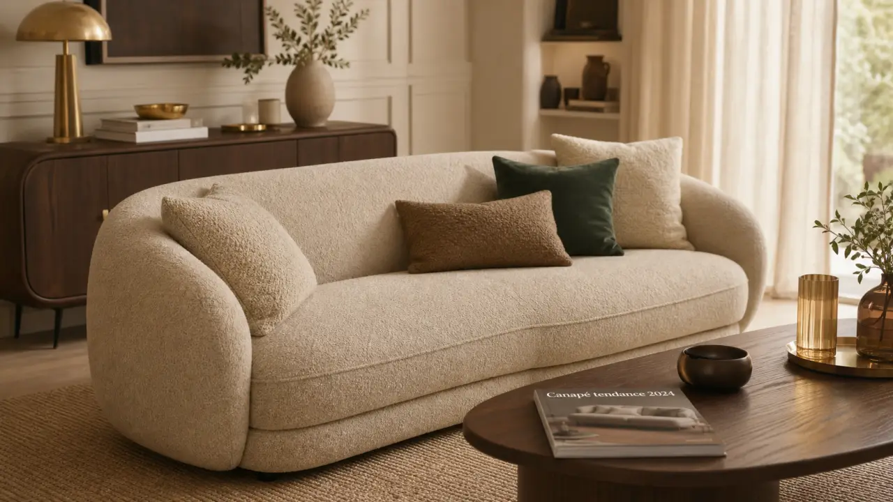 Canape tendance 2024 : canapé bouclé beige arrondi seventies dans un salon lumineux