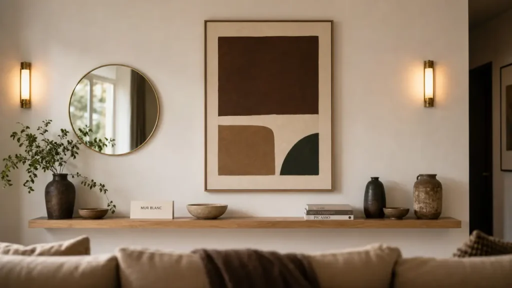 Décorer mur blanc avec cadre, miroir et étagère dans un salon lumineux