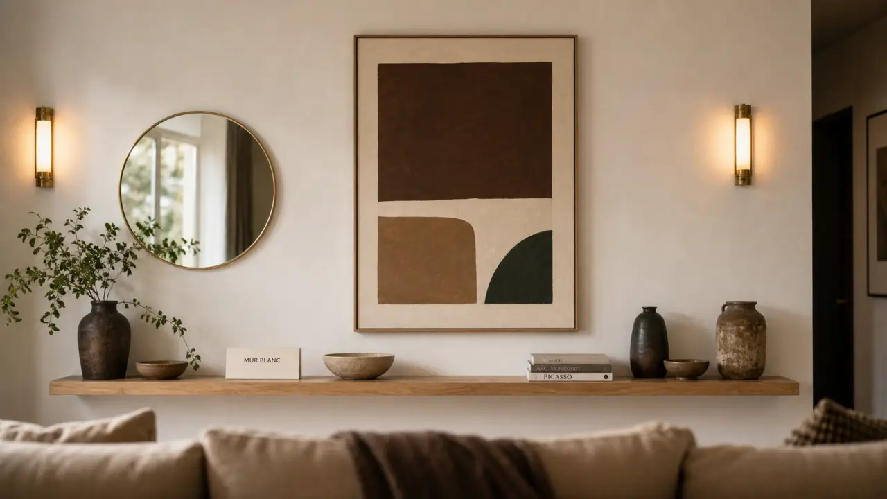 Décorer mur blanc avec cadre, miroir et étagère dans un salon lumineux