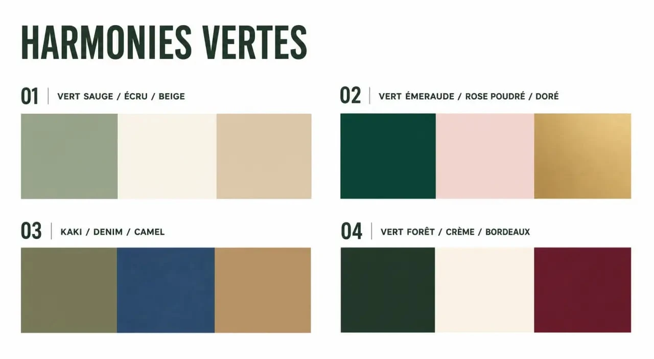 Le vert se marie avec quelle couleur selon les nuances : palettes sauge, émeraude, kaki et vert forêt