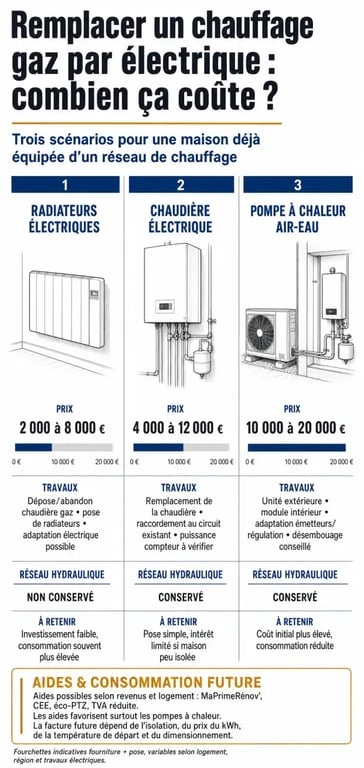Infographie sur le coût remplacement chauffage gaz par électrique avec comparaison des radiateurs électriques, de la chaudière électrique et de la pompe à chaleur air-eau