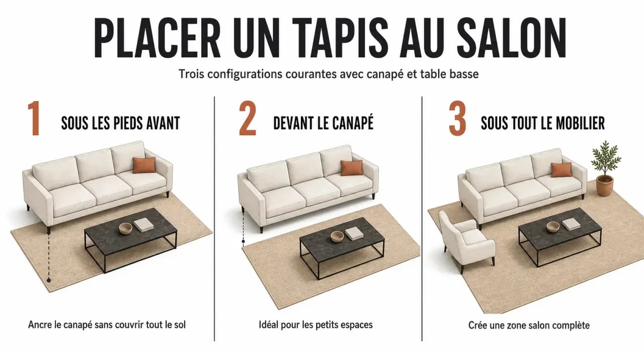 Tapis dans salon : trois façons de le placer par rapport au canapé et à la table basse