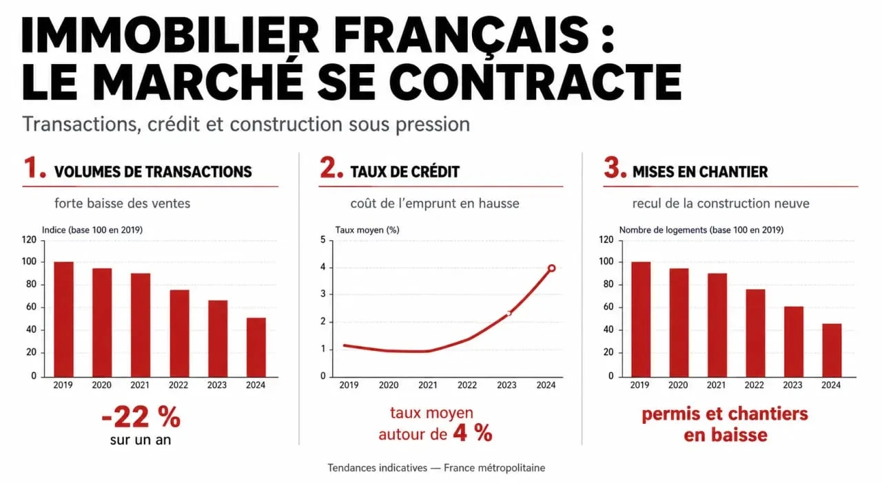 Infographie des indicateurs clés du marché immobilier et de la crise immobilière en France