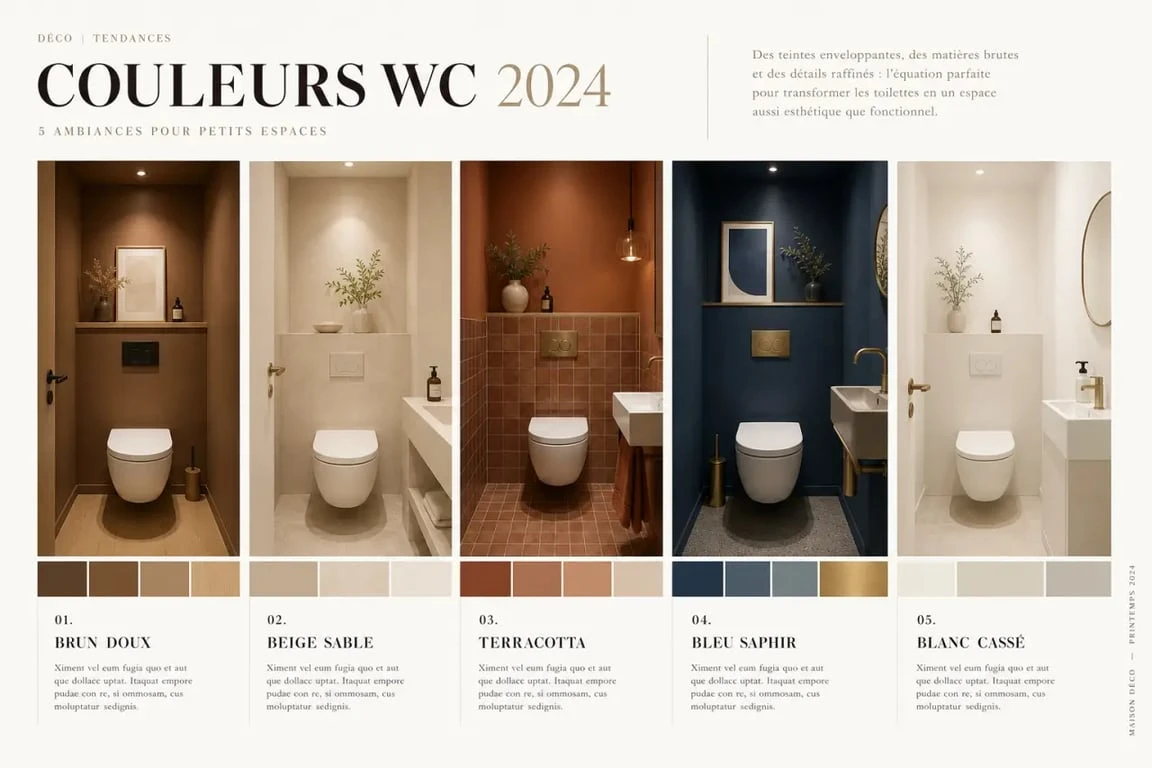 Inspiration couleur WC tendance 2024 avec palettes beige sable, terracotta, brun doux, bleu saphir et blanc cassé