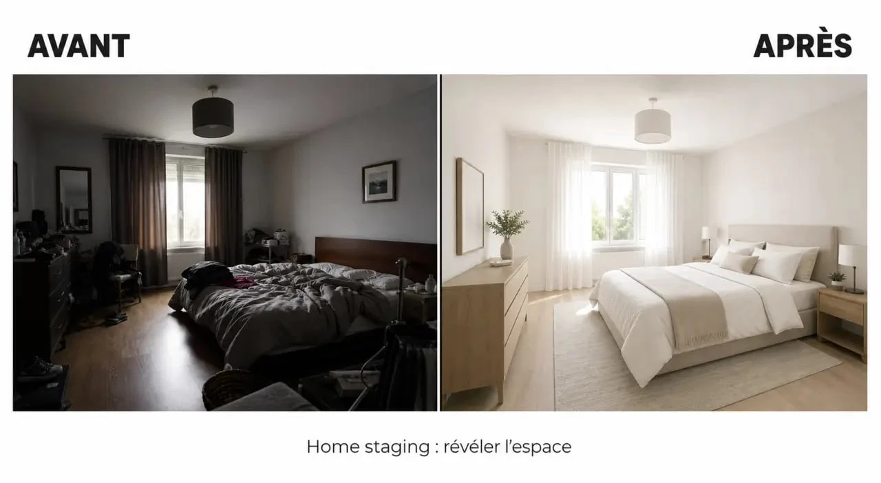 Home staging chambre avant/après dans une chambre lumineuse et épurée