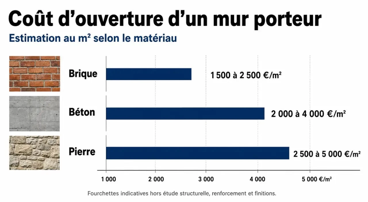 Coût au m² pour l'ouverture d'un mur porteur selon le matériau : brique, béton et pierre pour votre projet IPN