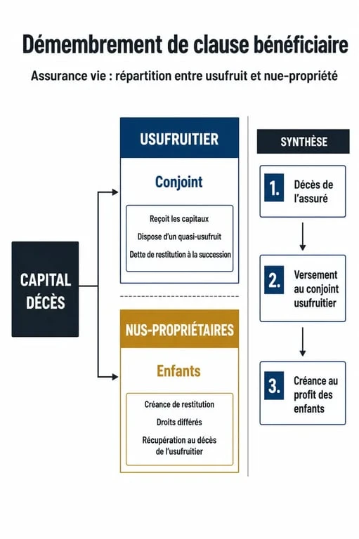 Schéma explicatif du démembrement de clause bénéficiaire en assurance vie pour la transmission de patrimoine