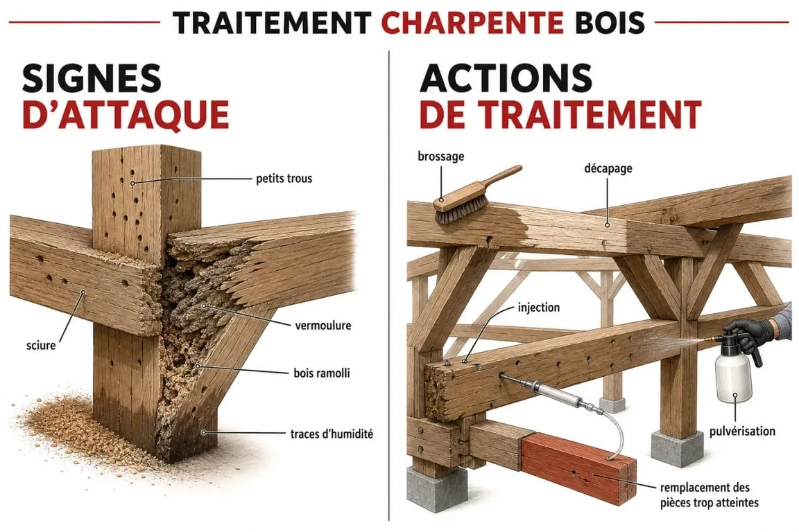 Traitement charpente bois : signes d’attaque et méthodes de traitement en schéma éditorial