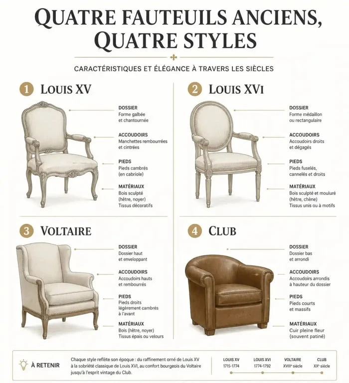 Infographie comparative des styles de fauteuils anciens : Louis XV, Louis XVI, Voltaire et Club