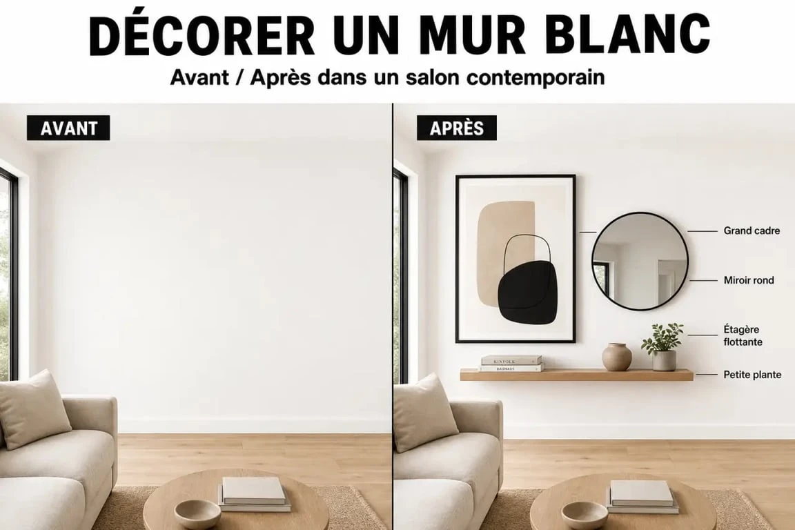 Décorer mur blanc : avant/après d’un mur blanc transformé en mur chaleureux avec cadres, miroir et étagère