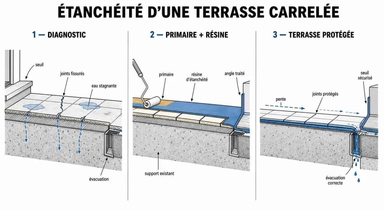 Étanchéité sur carrelage terrasse : schéma éditorial des étapes de diagnostic et d’application